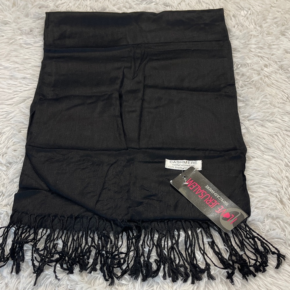 I LOVE JERUSALEM Black Scarf 28 inches WIDE 6 FOOT LONG. 💯 CASHMERE NWT